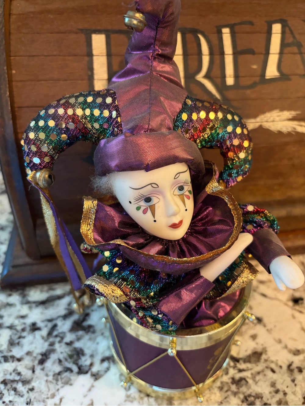 Purple Jester Decorative Doll in Drum - Elegant Holiday Accent